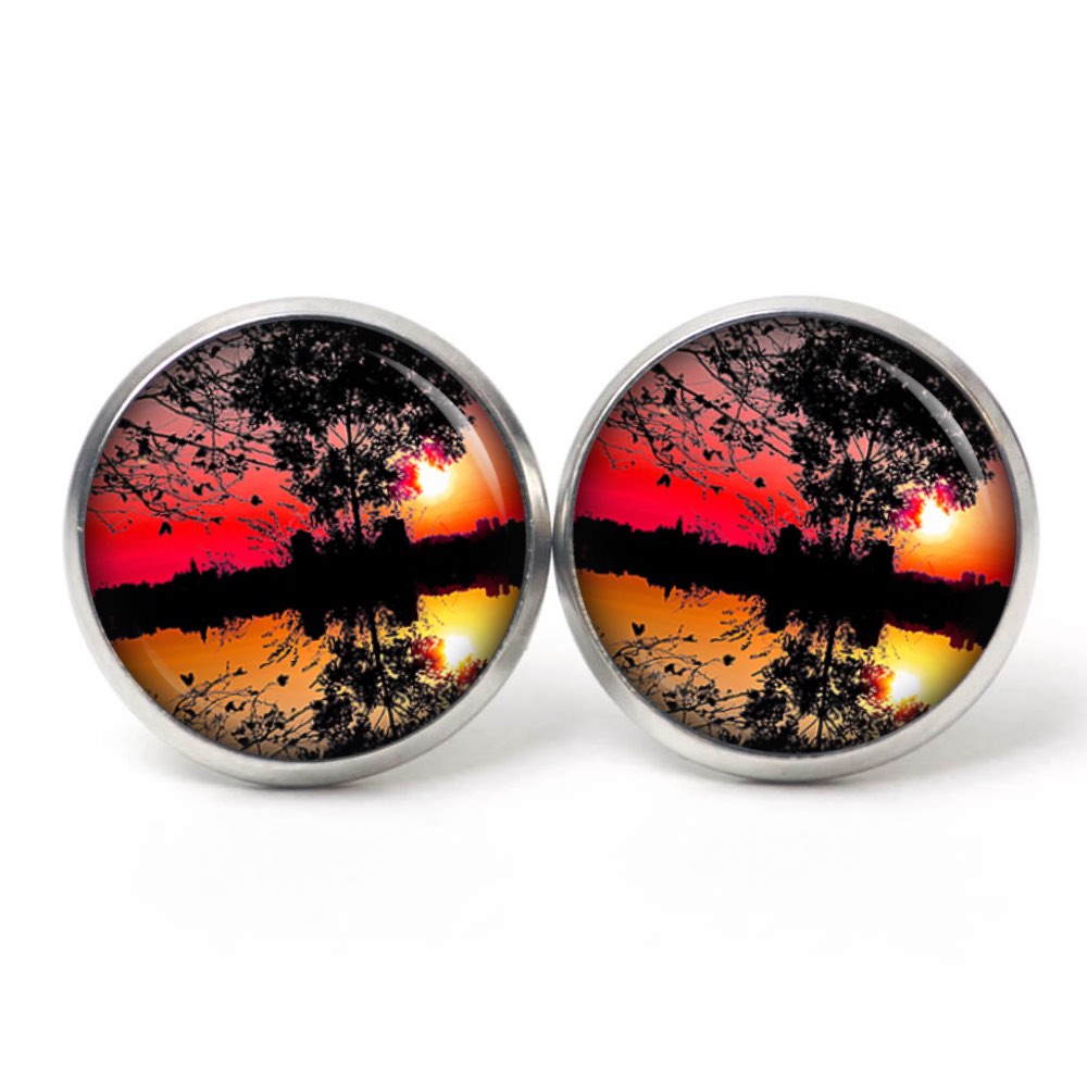 Ohrstecker, Ohrhänger, Clipse & Druckknopf – Motiv Abendstimmung am See Sonnenuntergang rot – Schmuck aus Edelstahl Ohrstecker, Ohrhänger, Clipse & Druckknopf – Motiv Abendstimmung am See Sonnenuntergang rot – Schmuck aus Edelstahl