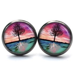 Ohrringe gespiegelter Baum rosa türkis - Edelstahl