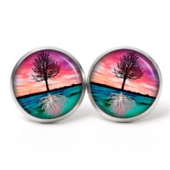 Ohrstecker, Ohrhänger, Clipse & Druckknopf – Motiv gespiegelter Baum rosa türkis – Schmuck aus Edelstahl