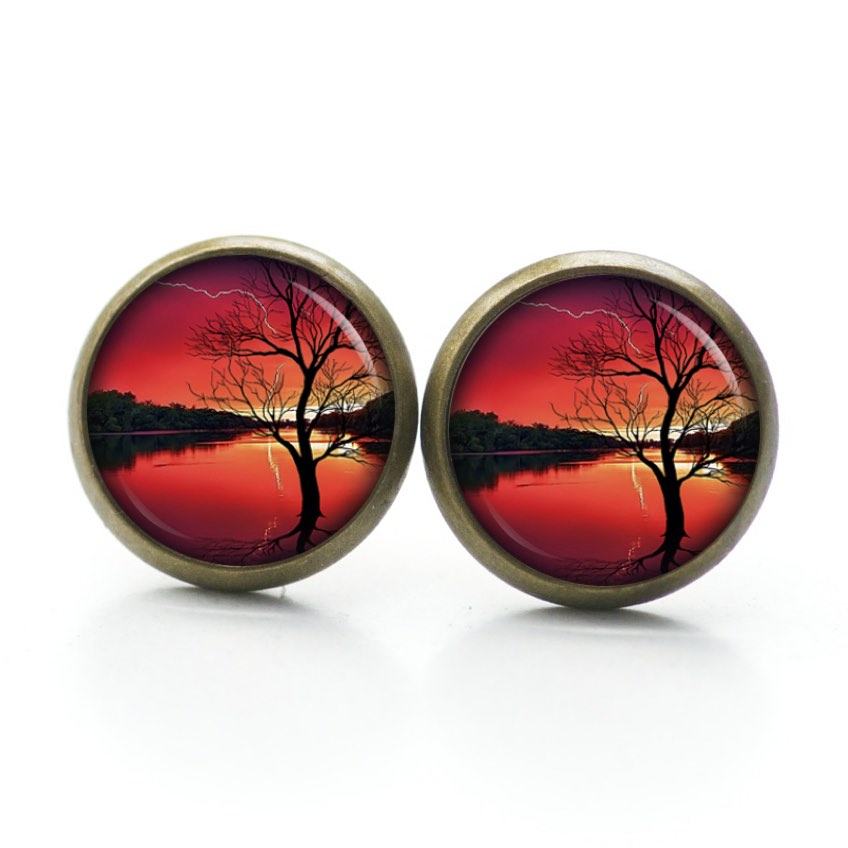 Ohrstecker, Ohrhänger, Clipse & Druckknopf – Motiv Abendstimmung See mit Baum – Schmuck aus Edelstahl Ohrstecker, Ohrhänger, Clipse & Druckknopf – Motiv Abendstimmung See mit Baum – Schmuck aus Edelstahl