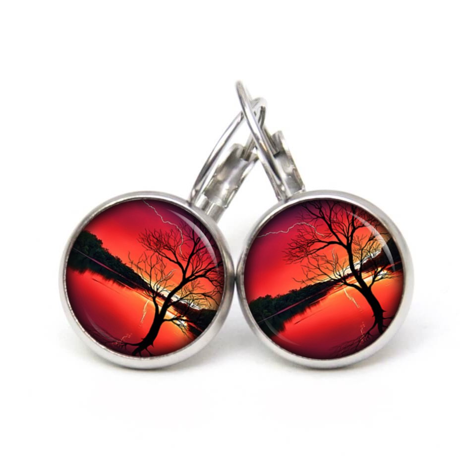 Ohrstecker, Ohrhänger, Clipse & Druckknopf – Motiv Abendstimmung See mit Baum – Schmuck aus Edelstahl Ohrstecker, Ohrhänger, Clipse & Druckknopf – Motiv Abendstimmung See mit Baum – Schmuck aus Edelstahl