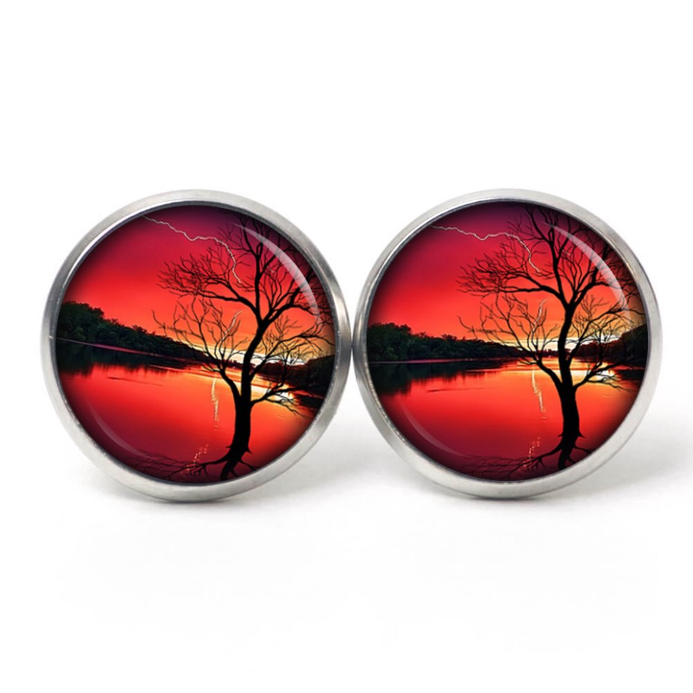 Ohrstecker, Ohrhänger, Clipse & Druckknopf – Motiv Abendstimmung See mit Baum – Schmuck aus Edelstahl Ohrstecker, Ohrhänger, Clipse & Druckknopf – Motiv Abendstimmung See mit Baum – Schmuck aus Edelstahl