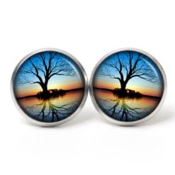 Ohrstecker, Ohrhänger, Clipse & Druckknopf – Motiv Baum bei Sonnenaufgang – Schmuck aus Edelstahl
