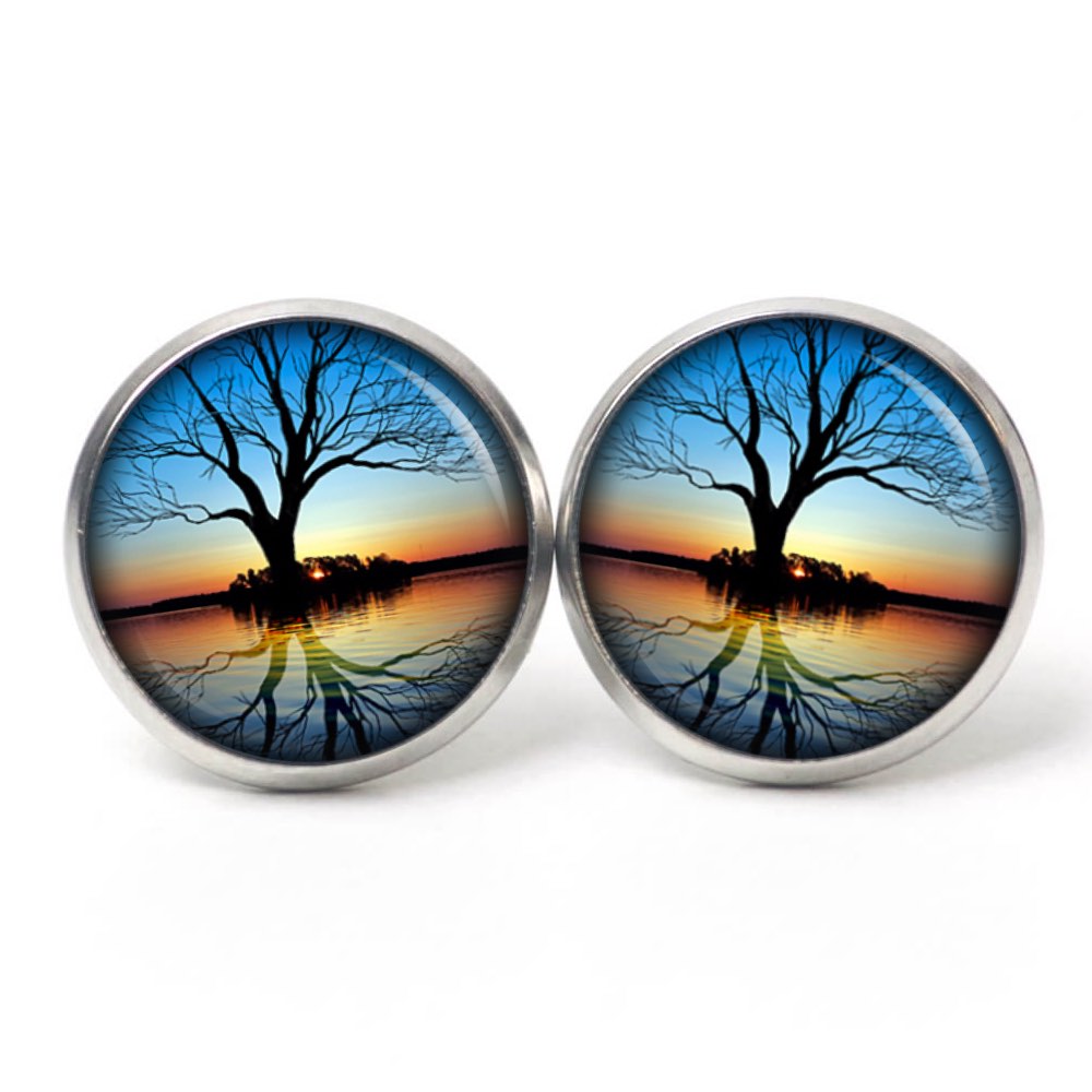Ohrstecker, Ohrhänger, Clipse & Druckknopf – Motiv Baum bei Sonnenaufgang – Schmuck aus Edelstahl Ohrstecker, Ohrhänger, Clipse & Druckknopf – Motiv Baum bei Sonnenaufgang – Schmuck aus Edelstahl