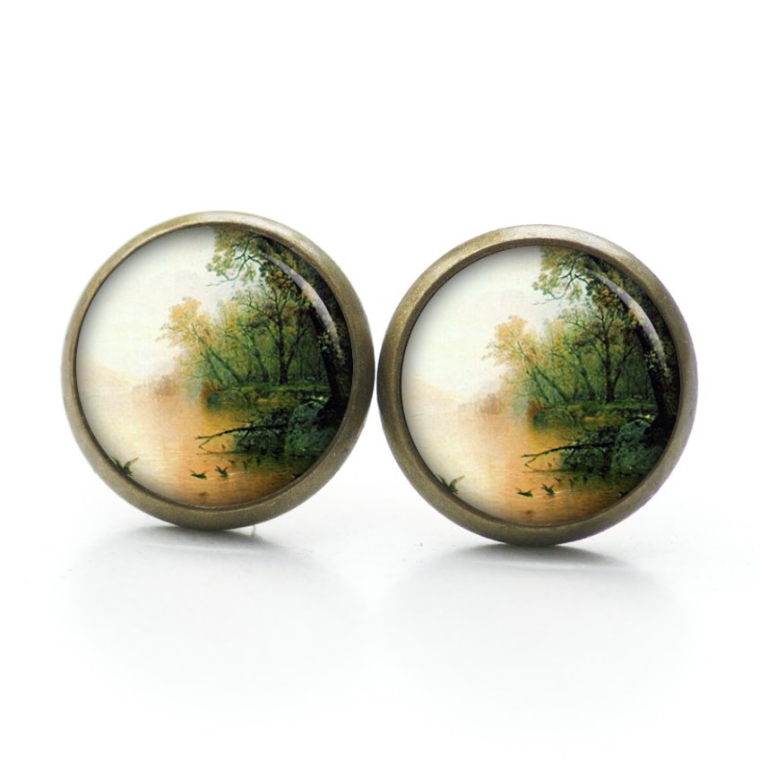 Ohrstecker, Ohrhänger, Clipse & Druckknopf – Motiv Vögel am Wasser beige grün – Schmuck aus Edelstahl Ohrstecker, Ohrhänger, Clipse & Druckknopf – Motiv Vögel am Wasser beige grün – Schmuck aus Edelstahl