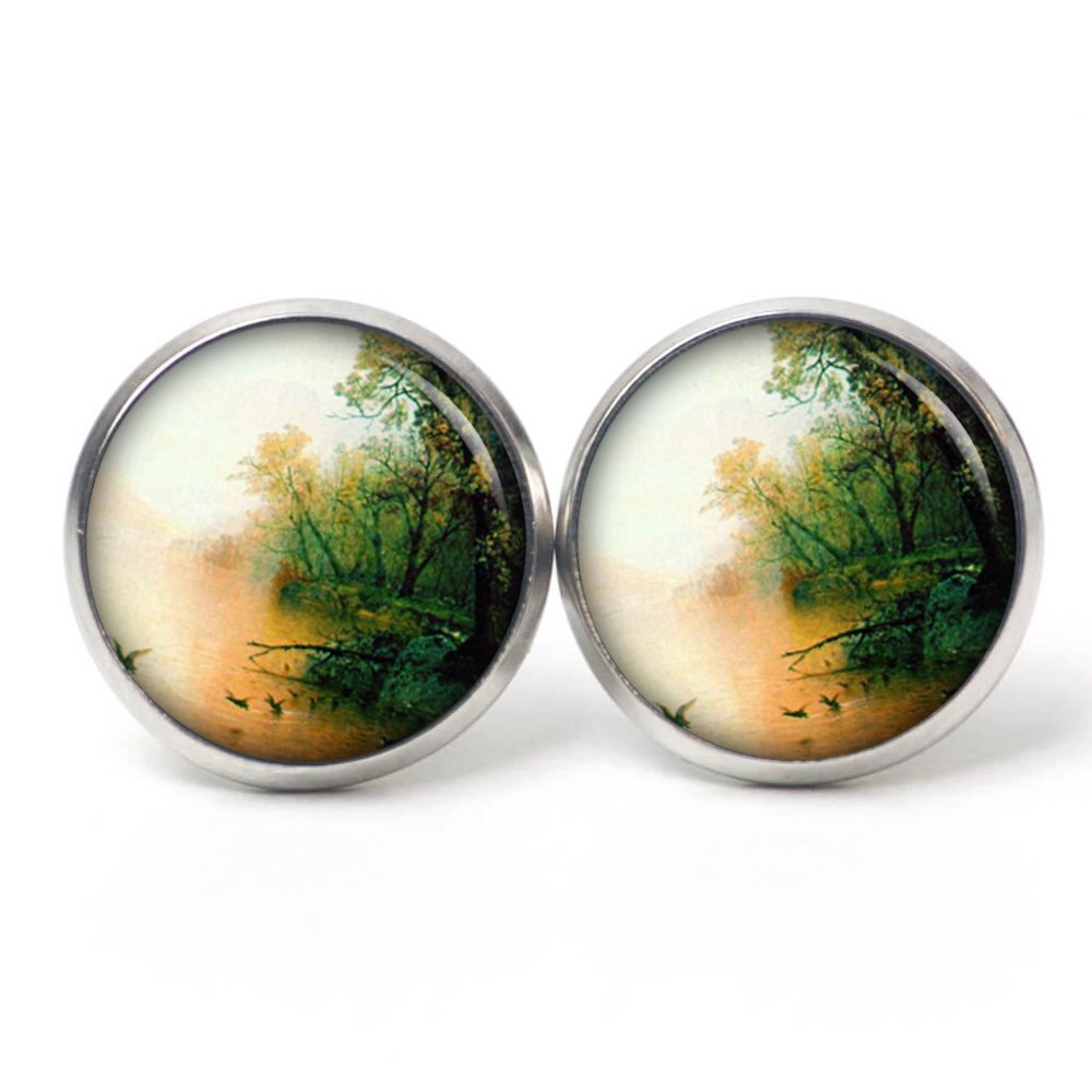 Ohrstecker, Ohrhänger, Clipse & Druckknopf – Motiv Vögel am Wasser beige grün – Schmuck aus Edelstahl Ohrstecker, Ohrhänger, Clipse & Druckknopf – Motiv Vögel am Wasser beige grün – Schmuck aus Edelstahl