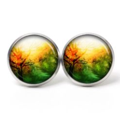 Ohrstecker, Ohrhänger, Clipse & Druckknopf – Motiv Herbstwald grün gelb – Schmuck aus Edelstahl