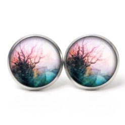 Ohrstecker, Ohrhänger, Clipse & Druckknopf – Motiv versteckte Burg rosa grün – Schmuck aus Edelstahl