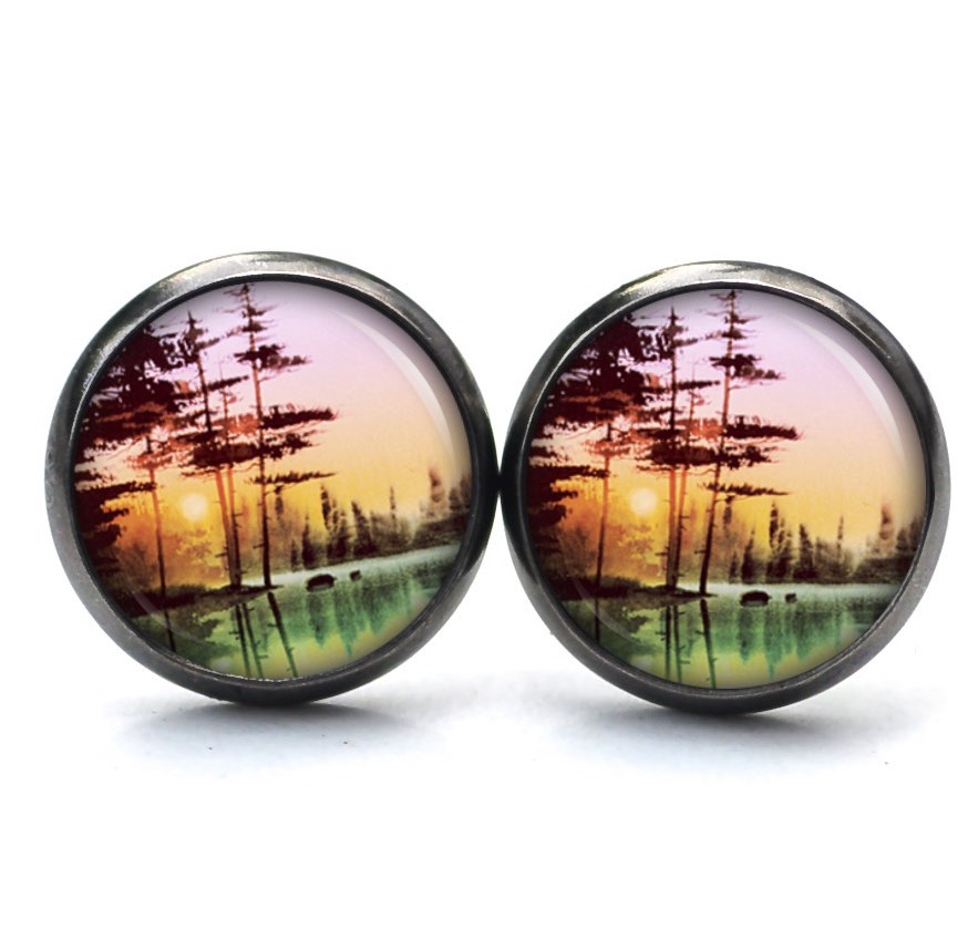 Ohrstecker, Ohrhänger, Clipse & Druckknopf – Motiv Sonnenaufgang am See – Schmuck aus Edelstahl Ohrstecker, Ohrhänger, Clipse & Druckknopf – Motiv Sonnenaufgang am See – Schmuck aus Edelstahl