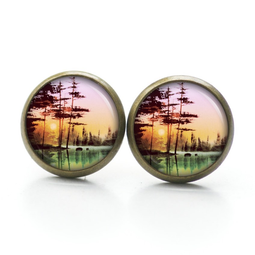 Ohrstecker, Ohrhänger, Clipse & Druckknopf – Motiv Sonnenaufgang am See – Schmuck aus Edelstahl Ohrstecker, Ohrhänger, Clipse & Druckknopf – Motiv Sonnenaufgang am See – Schmuck aus Edelstahl