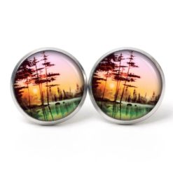 Ohrstecker, Ohrhänger, Clipse & Druckknopf – Motiv Sonnenaufgang am See – Schmuck aus Edelstahl