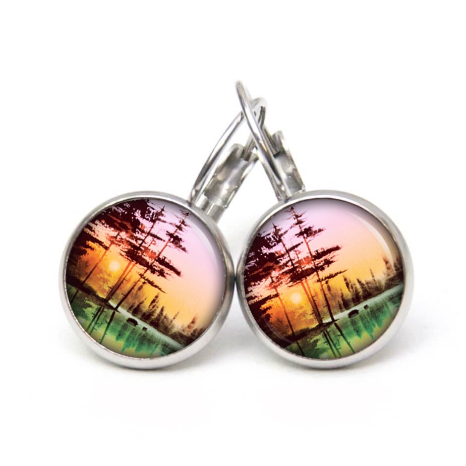 Ohrstecker, Ohrhänger, Clipse & Druckknopf – Motiv Sonnenaufgang am See – Schmuck aus Edelstahl Ohrstecker, Ohrhänger, Clipse & Druckknopf – Motiv Sonnenaufgang am See – Schmuck aus Edelstahl