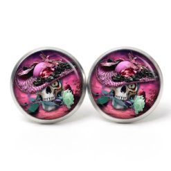 Ohrstecker, Ohrhänger, Clipse & Druckknopf – Motiv Totenkopf mit rosa Hut – Schmuck aus Edelstahl