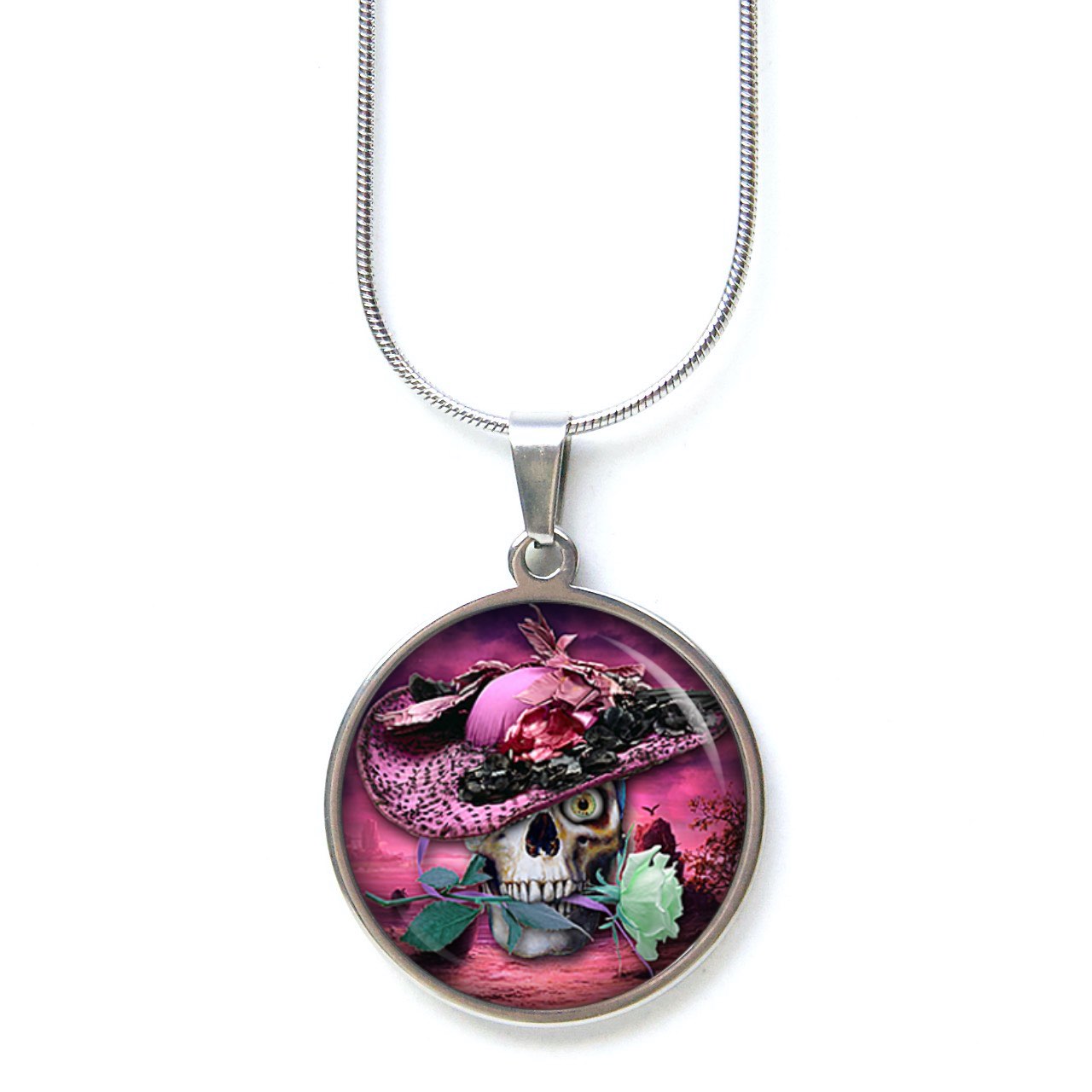 Ohrstecker, Ohrhänger, Clipse & Druckknopf – Motiv Totenkopf mit rosa Hut – Schmuck aus Edelstahl Ohrstecker, Ohrhänger, Clipse & Druckknopf – Motiv Totenkopf mit rosa Hut – Schmuck aus Edelstahl