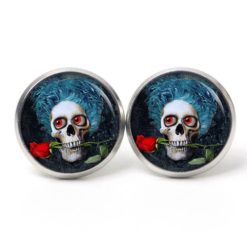Ohrstecker, Ohrhänger, Clipse & Druckknopf – Motiv Totenkopf mit roter Rose – Schmuck aus Edelstahl