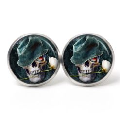 Ohrstecker, Ohrhänger, Clipse & Druckknopf – Motiv Totenkopf mit weißer Rose – Schmuck aus Edelstahl