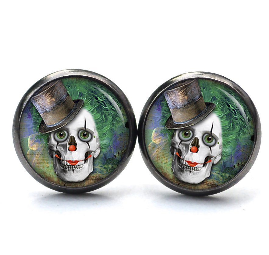 Ohrstecker, Ohrhänger, Clipse & Druckknopf – Motiv Clown Totenkopf – Schmuck aus Edelstahl Ohrstecker, Ohrhänger, Clipse & Druckknopf – Motiv Clown Totenkopf – Schmuck aus Edelstahl
