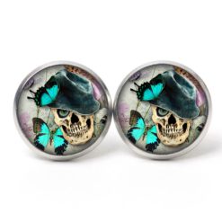Ohrstecker, Ohrhänger, Clipse & Druckknopf – Motiv Totenkopf mit Schmetterlingen – Schmuck aus Edelstahl