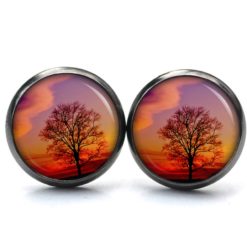Druckknopf Ohrstecker Ohrhänger Baum am Abend rot orange lila