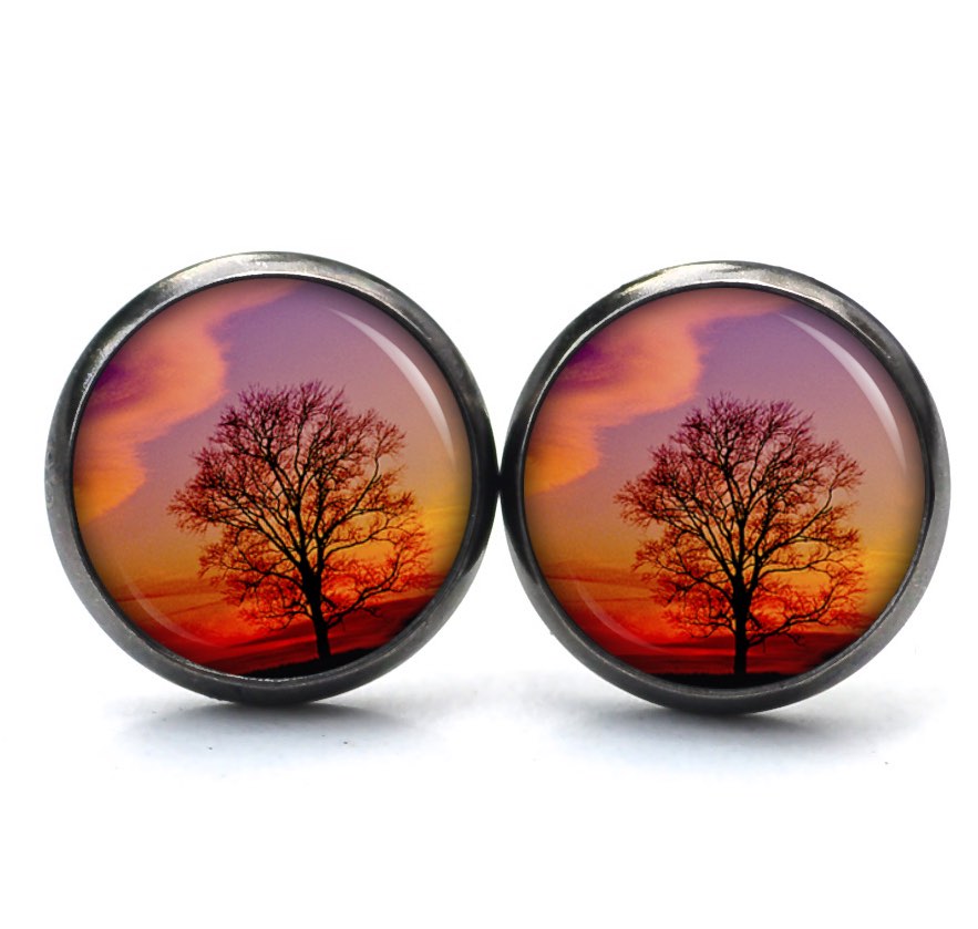 Ohrstecker, Ohrhänger, Clipse & Druckknopf – Motiv Baum Abendrot orange lila – Schmuck aus Edelstahl Ohrstecker, Ohrhänger, Clipse & Druckknopf – Motiv Baum Abendrot orange lila – Schmuck aus Edelstahl