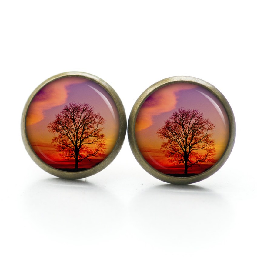 Ohrstecker, Ohrhänger, Clipse & Druckknopf – Motiv Baum Abendrot orange lila – Schmuck aus Edelstahl Ohrstecker, Ohrhänger, Clipse & Druckknopf – Motiv Baum Abendrot orange lila – Schmuck aus Edelstahl