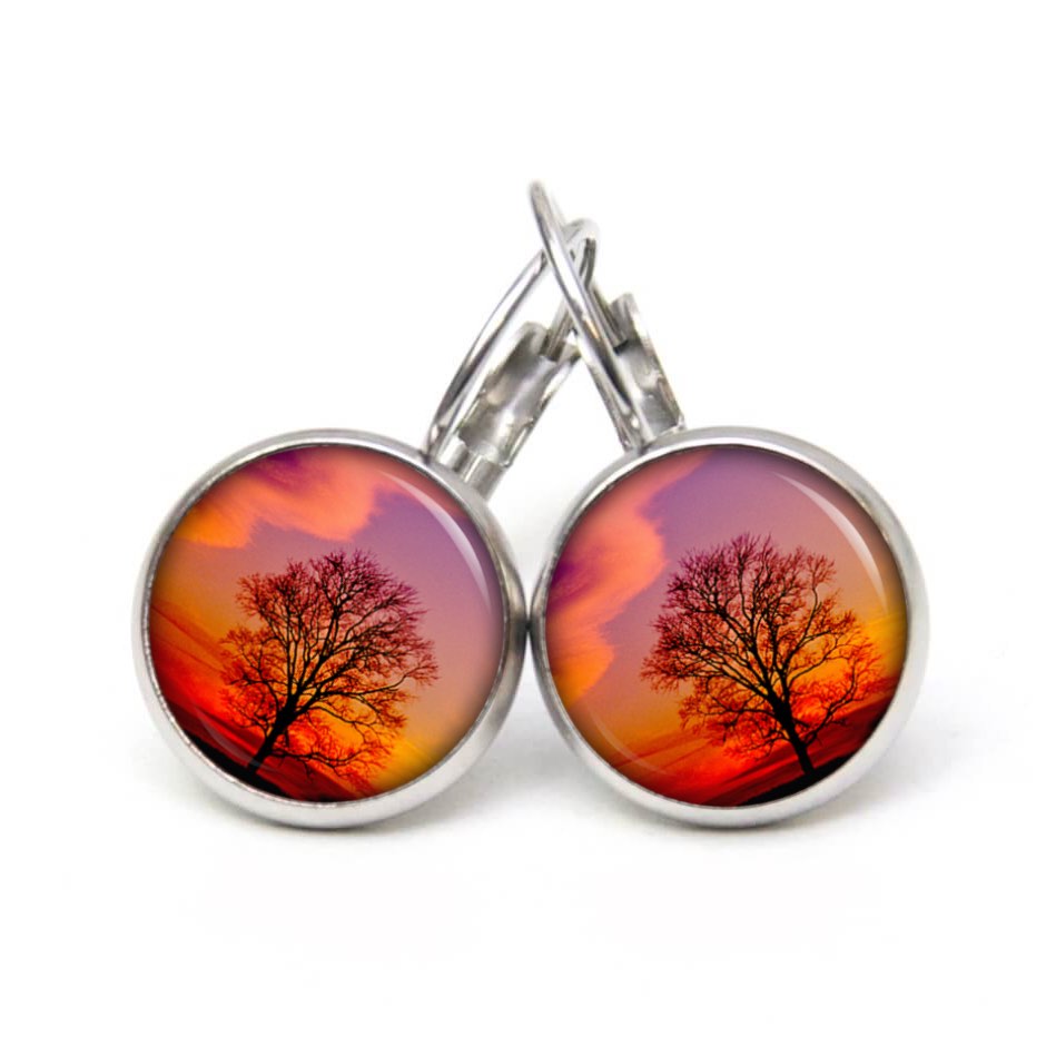Ohrstecker, Ohrhänger, Clipse & Druckknopf – Motiv Baum Abendrot orange lila – Schmuck aus Edelstahl Ohrstecker, Ohrhänger, Clipse & Druckknopf – Motiv Baum Abendrot orange lila – Schmuck aus Edelstahl