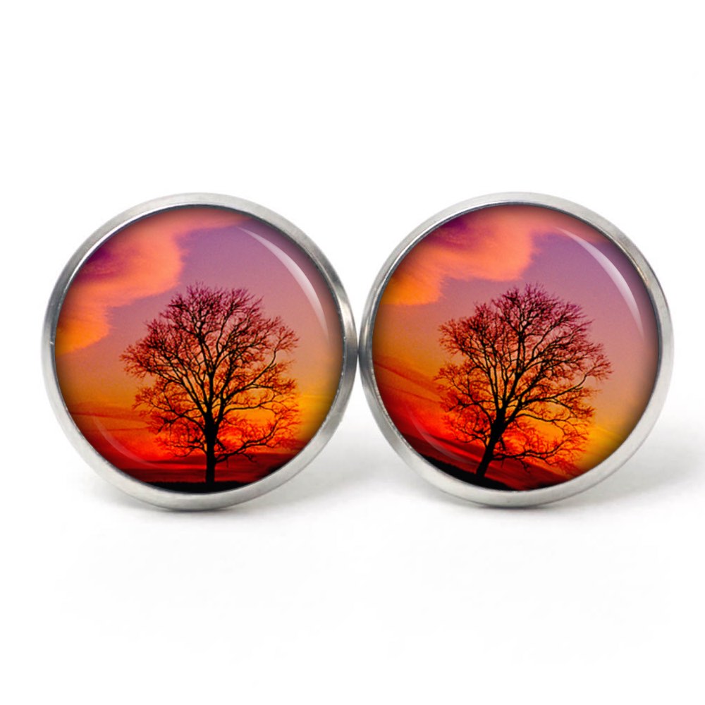 Ohrstecker, Ohrhänger, Clipse & Druckknopf – Motiv Baum Abendrot orange lila – Schmuck aus Edelstahl Ohrstecker, Ohrhänger, Clipse & Druckknopf – Motiv Baum Abendrot orange lila – Schmuck aus Edelstahl