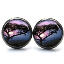 Druckknopf Ohrstecker Ohrhänger Afrika Baum Sonnenaufgang lila blau