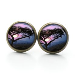 Druckknopf Ohrstecker Ohrhänger Afrika Baum Sonnenaufgang lila blau