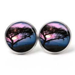 Druckknopf Ohrstecker Ohrhänger Afrika Baum Sonnenaufgang lila blau
