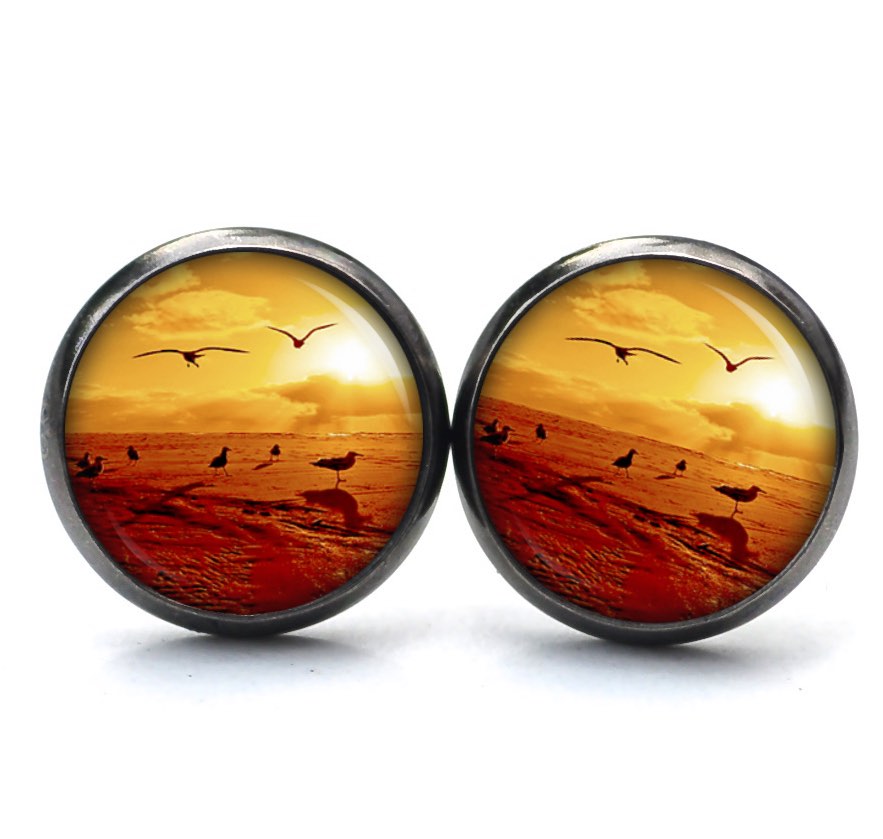 Ohrstecker, Ohrhänger, Clipse & Druckknopf – Motiv Vögel im Sonnenuntergang rot orange – Schmuck aus Edelstahl Ohrstecker, Ohrhänger, Clipse & Druckknopf – Motiv Vögel im Sonnenuntergang rot orange – Schmuck aus Edelstahl