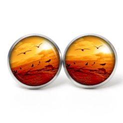 Druckknopf Ohrstecker Ohrhänger Vögel im Sonnenuntergang rot orange