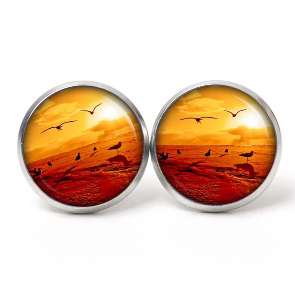 Ohrstecker, Ohrhänger, Clipse & Druckknopf – Motiv Vögel im Sonnenuntergang rot orange – Schmuck aus Edelstahl Ohrstecker, Ohrhänger, Clipse & Druckknopf – Motiv Vögel im Sonnenuntergang rot orange – Schmuck aus Edelstahl