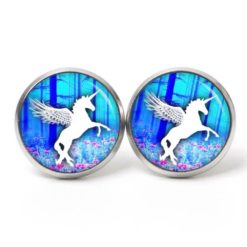 Ohrstecker, Ohrhänger, Clipse & Druckknopf – Motiv Einhorn auf rosa Blumenwiese – Schmuck aus Edelstahl