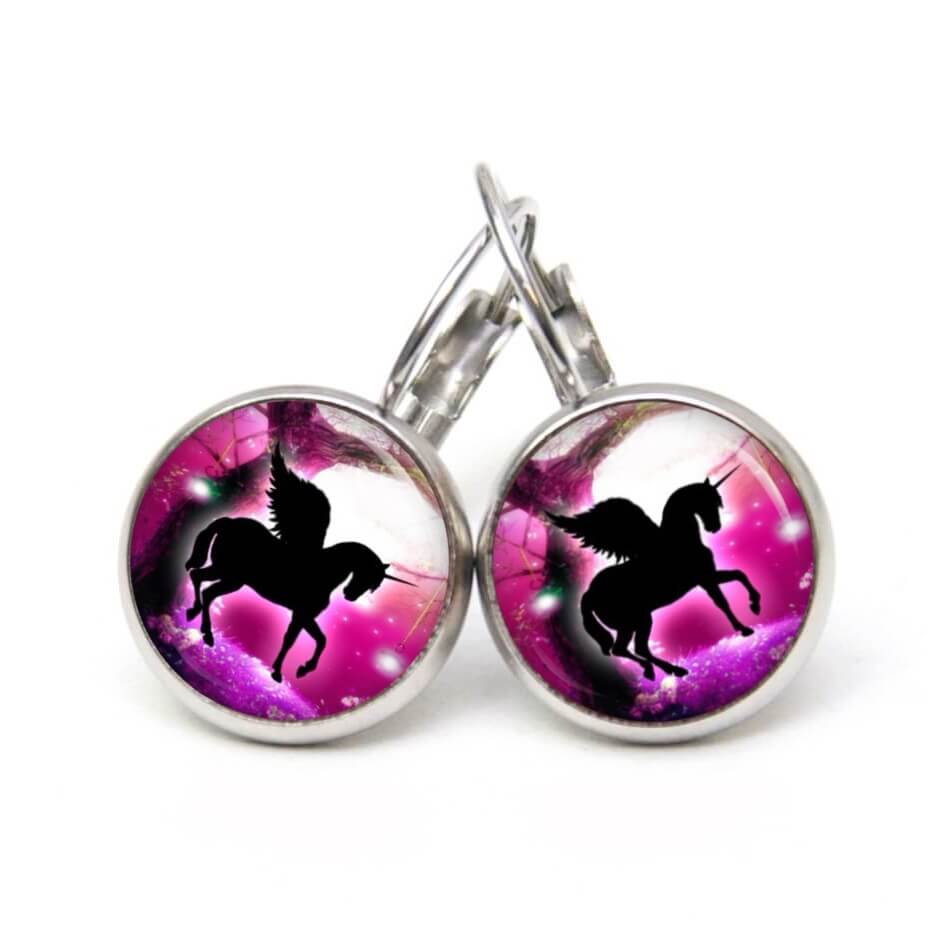 Ohrstecker, Ohrhänger, Clipse & Druckknopf – Motiv schwarzes Einhorn Rosarot – Schmuck aus Edelstahl Ohrstecker, Ohrhänger, Clipse & Druckknopf – Motiv schwarzes Einhorn Rosarot – Schmuck aus Edelstahl