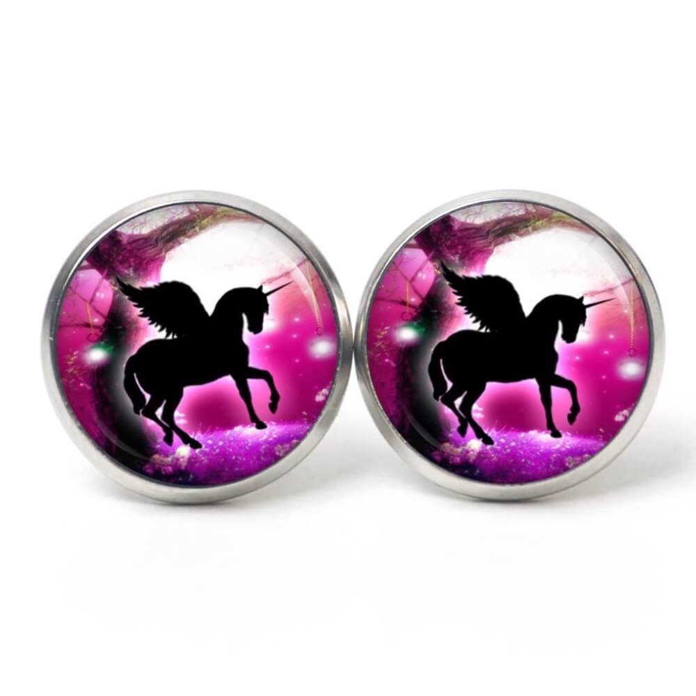 Ohrstecker, Ohrhänger, Clipse & Druckknopf – Motiv schwarzes Einhorn Rosarot – Schmuck aus Edelstahl Ohrstecker, Ohrhänger, Clipse & Druckknopf – Motiv schwarzes Einhorn Rosarot – Schmuck aus Edelstahl