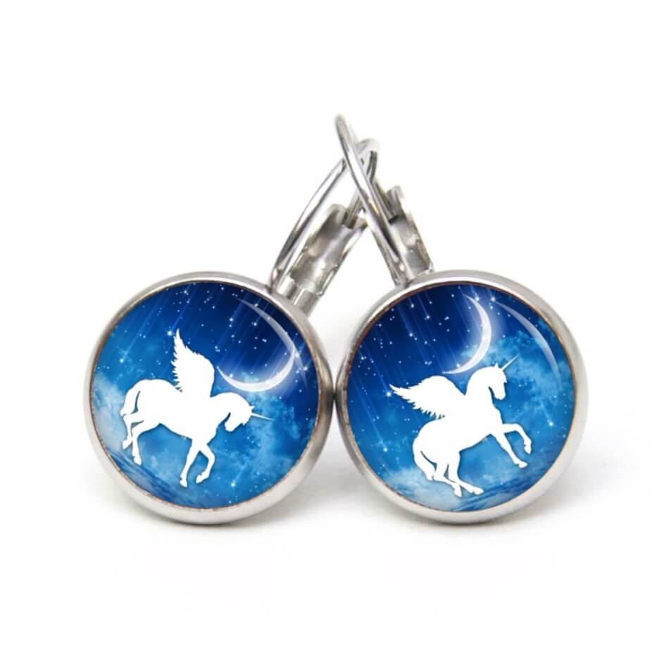 Ohrstecker, Ohrhänger, Clipse & Druckknopf – Motiv weißes Einhorn mit Halbmond – Schmuck aus Edelstahl Ohrstecker, Ohrhänger, Clipse & Druckknopf – Motiv weißes Einhorn mit Halbmond – Schmuck aus Edelstahl