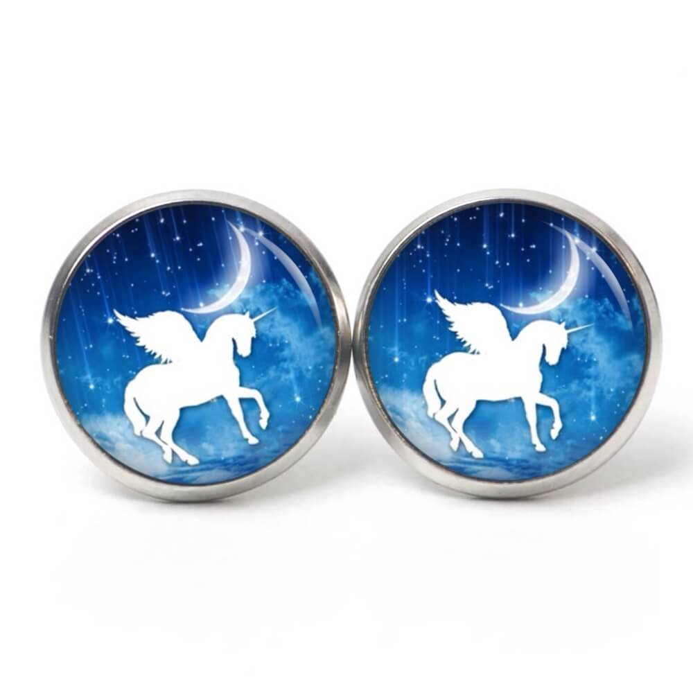 Ohrstecker, Ohrhänger, Clipse & Druckknopf – Motiv weißes Einhorn mit Halbmond – Schmuck aus Edelstahl Ohrstecker, Ohrhänger, Clipse & Druckknopf – Motiv weißes Einhorn mit Halbmond – Schmuck aus Edelstahl