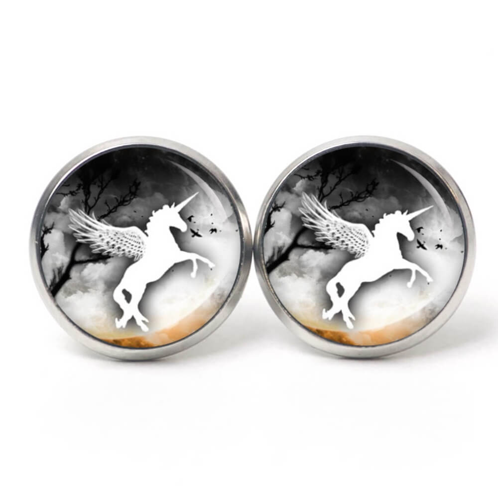 Ohrstecker, Ohrhänger, Clipse & Druckknopf – Motiv weißes Einhorn in der Nacht – Schmuck aus Edelstahl Ohrstecker, Ohrhänger, Clipse & Druckknopf – Motiv weißes Einhorn in der Nacht – Schmuck aus Edelstahl
