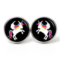 Ohrstecker, Ohrhänger, Clipse & Druckknopf – Motiv Regenbogen Einhorn Weiß Schwarz – Schmuck aus Edelstahl