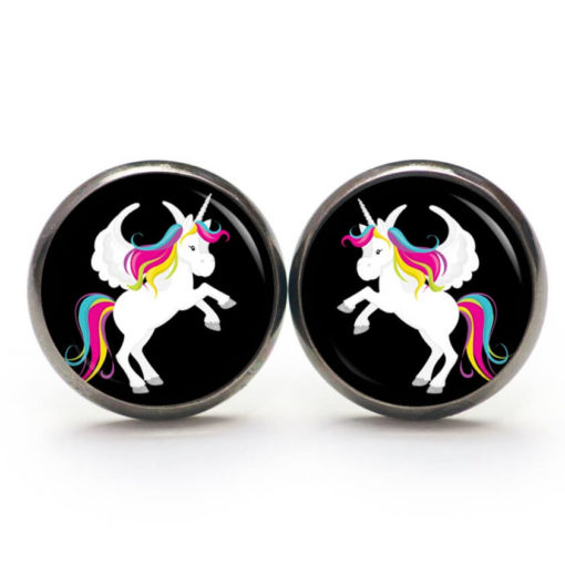 Druckknopf / Ohrstecker / Ohrhänger Regenbogen Einhorn Weiß und Schwarz