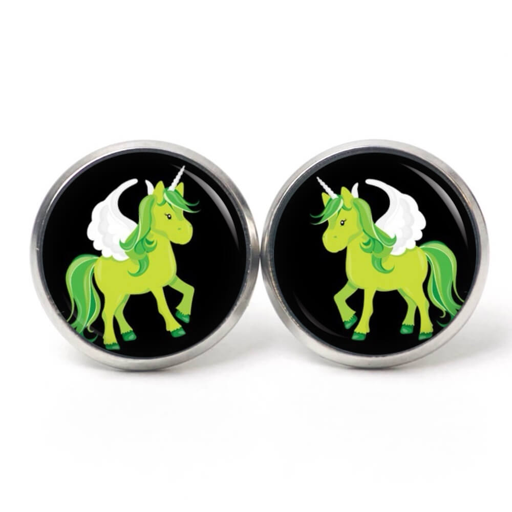 Ohrstecker, Ohrhänger, Clipse & Druckknopf – Motiv grünes Einhorn Fantasie Welt – Schmuck aus Edelstahl Ohrstecker, Ohrhänger, Clipse & Druckknopf – Motiv grünes Einhorn Fantasie Welt – Schmuck aus Edelstahl
