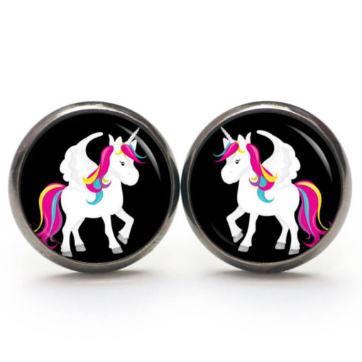 Druckknopf / Ohrstecker / Ohrhänger Regenbogen Einhorn Weiß und Schwarz