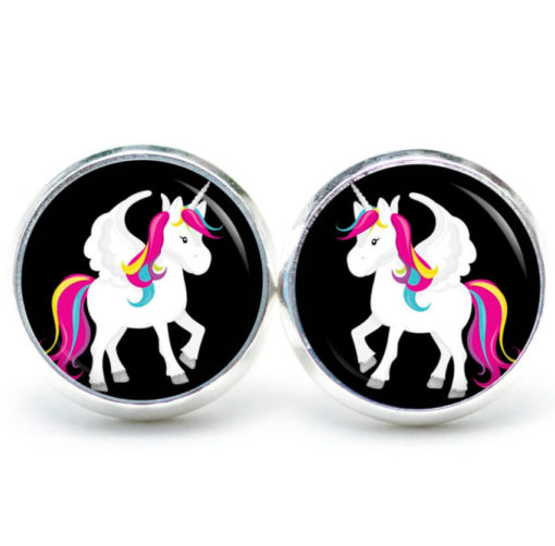 Druckknopf / Ohrstecker / Ohrhänger Regenbogen Einhorn Weiß und Schwarz