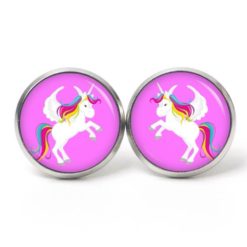 Ohrstecker, Ohrhänger, Clipse & Druckknopf – Motiv weißes Einhorn Pink Regenbogen – Schmuck aus Edelstahl