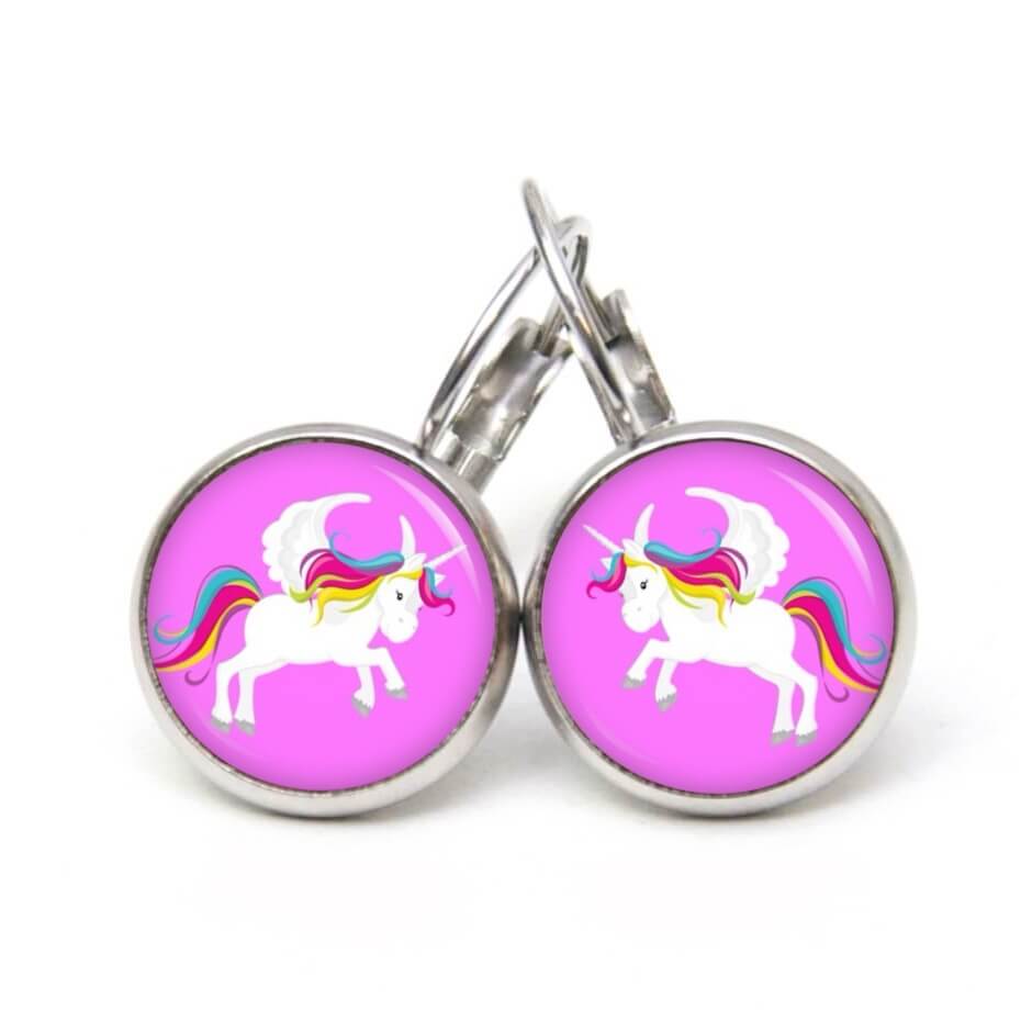 Ohrstecker, Ohrhänger, Clipse & Druckknopf – Motiv weißes Einhorn Pink Regenbogen – Schmuck aus Edelstahl Ohrstecker, Ohrhänger, Clipse & Druckknopf – Motiv weißes Einhorn Pink Regenbogen – Schmuck aus Edelstahl