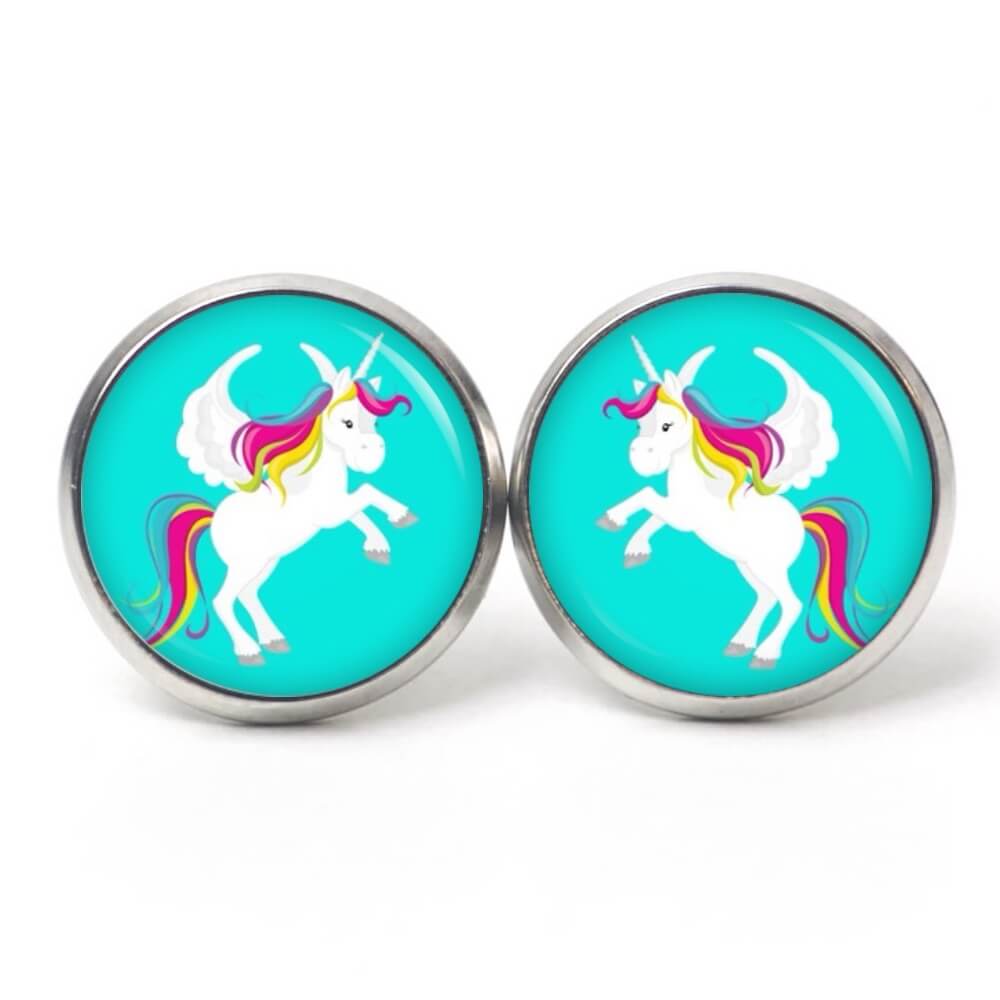 Ohrstecker, Ohrhänger, Clipse & Druckknopf – Motiv Einhorn Türkis Regenbogen – Schmuck aus Edelstahl Ohrstecker, Ohrhänger, Clipse & Druckknopf – Motiv Einhorn Türkis Regenbogen – Schmuck aus Edelstahl