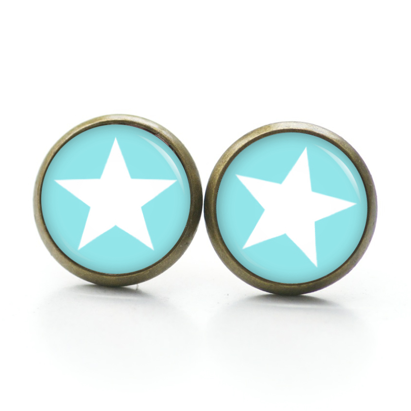 Ohrstecker, Ohrhänger, Clipse & Druckknopf – Motiv weißer Stern auf Türkis – Schmuck aus Edelstahl Ohrstecker, Ohrhänger, Clipse & Druckknopf – Motiv weißer Stern auf Türkis – Schmuck aus Edelstahl