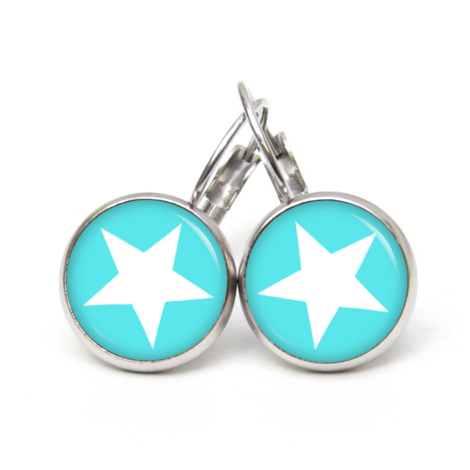 Ohrstecker, Ohrhänger, Clipse & Druckknopf – Motiv weißer Stern auf Türkis – Schmuck aus Edelstahl Ohrstecker, Ohrhänger, Clipse & Druckknopf – Motiv weißer Stern auf Türkis – Schmuck aus Edelstahl