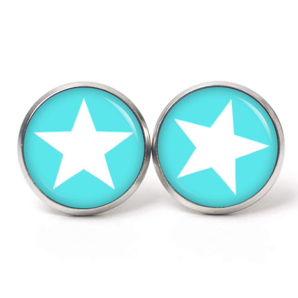 Ohrstecker, Ohrhänger, Clipse & Druckknopf – Motiv weißer Stern auf Türkis – Schmuck aus Edelstahl Ohrstecker, Ohrhänger, Clipse & Druckknopf – Motiv weißer Stern auf Türkis – Schmuck aus Edelstahl